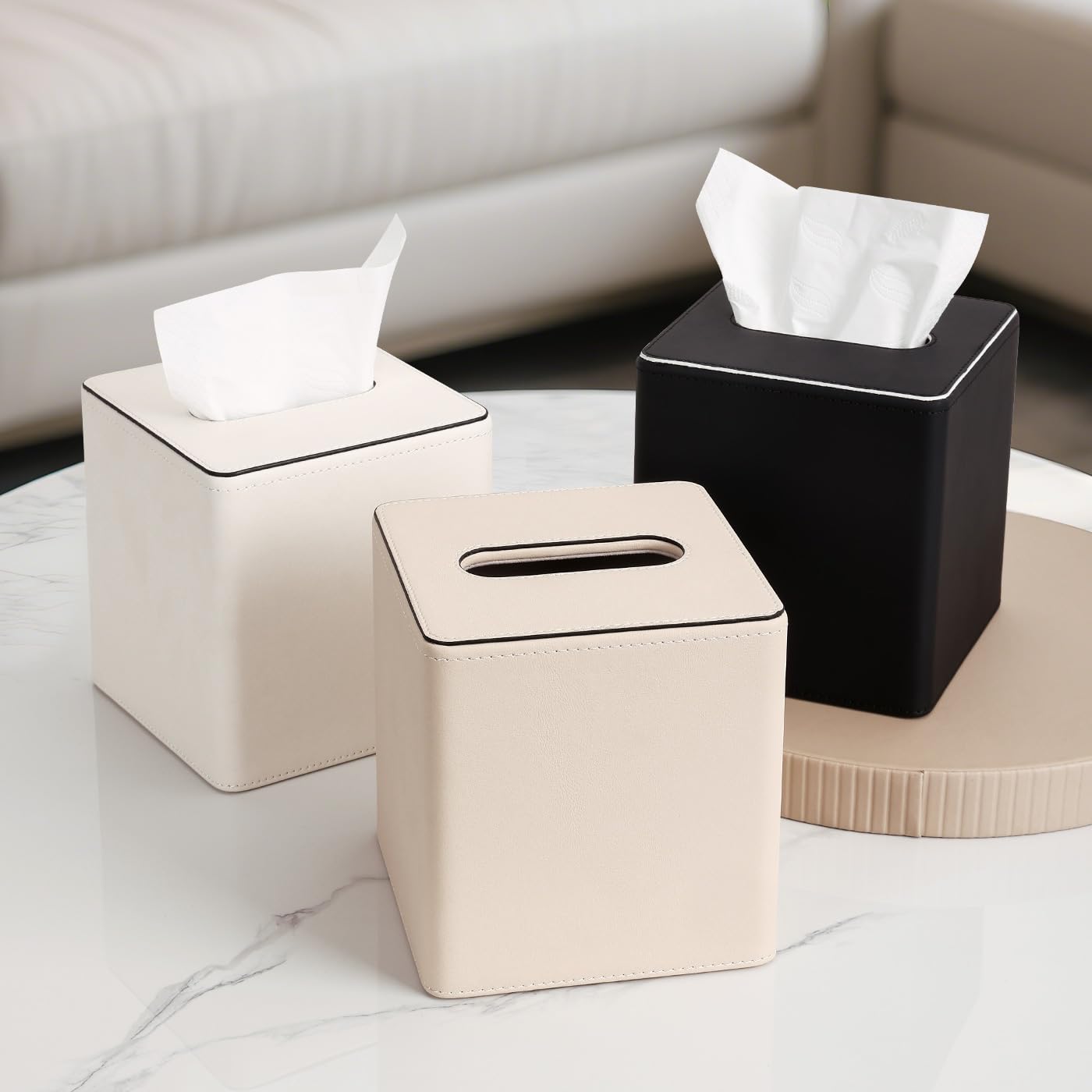 KINGFOM Porta Fazzoletti Rettangolare in pelle PU, per Ufficio, Auto (C-Beige)