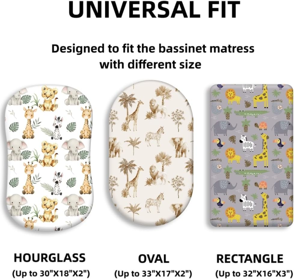 4 Pack Safari Jungle Animals Neutral Unisex Fitted Nursery Baby Sheets Set Toddler Mattress Sheets for Baby Boys or Girls (Bassinet Sheets) - Image 2