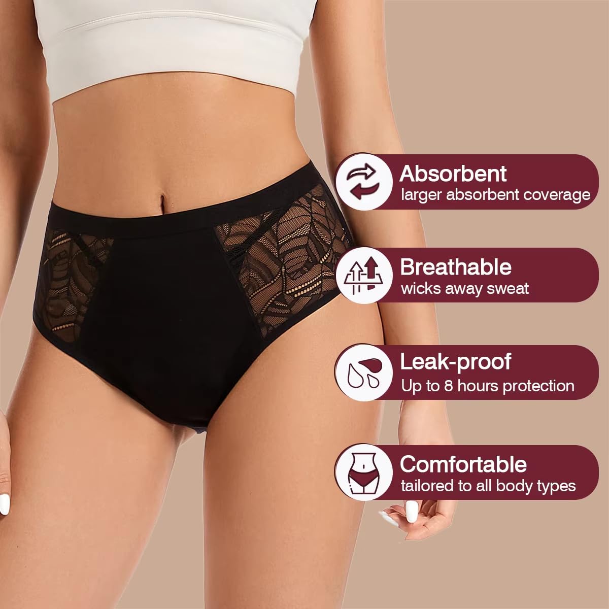 Braguitas Menstruales para Mujer de Encaje para Posparto Con Flujo Abundante Absorbentes A Prueba de Fugas de Algodón Transpirables Suaves Color Naranja Azul y Negro Talla L