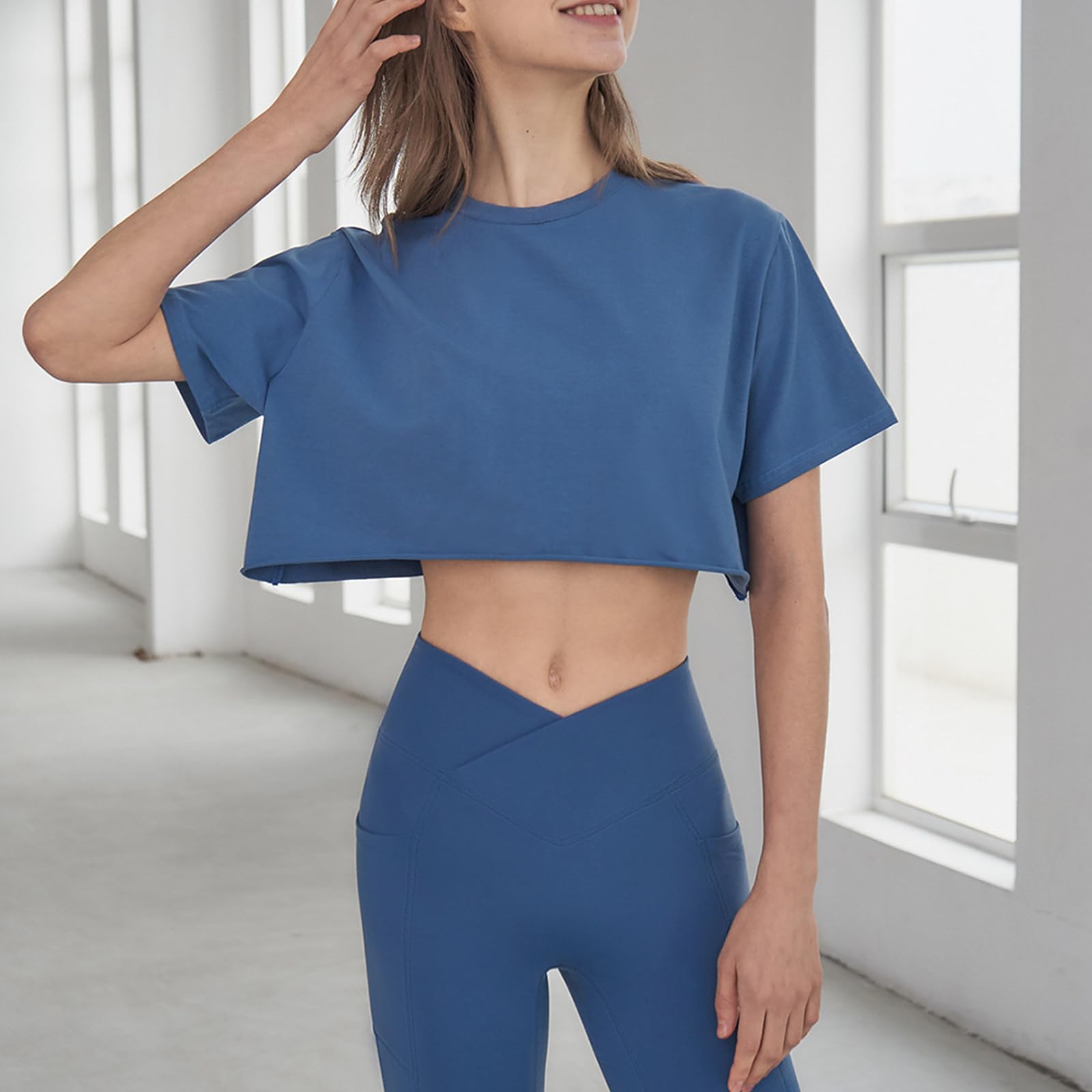 Damskie Sportowe Topy Slim Fit PrzycięTe Topy Do Jogi T Shirt Cover Ups,Blue,S
