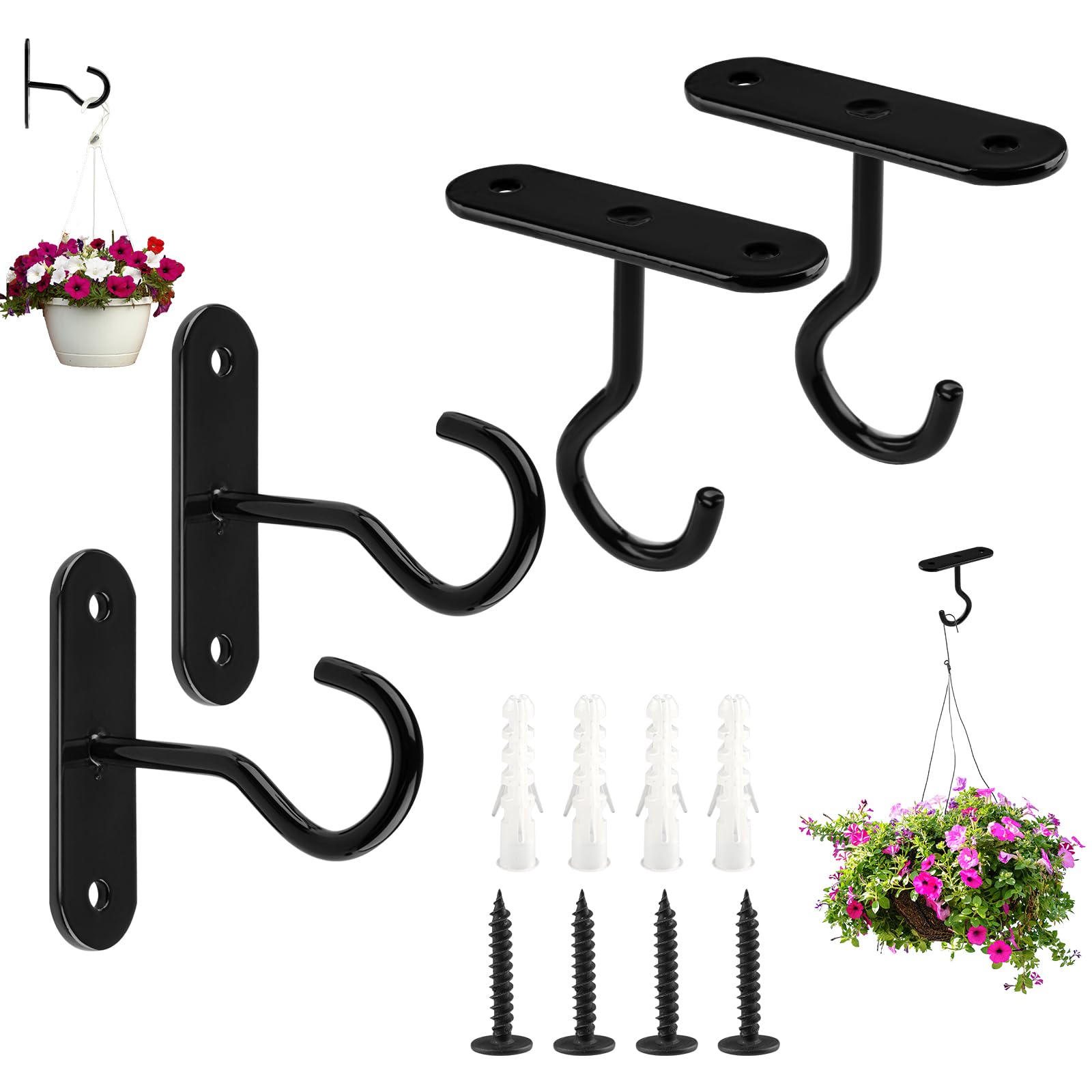 funvce 4 Pack Ceiling Hooks for Hanging Plants, Metal Ceiling Hook with Screws, Wall Mount Hanging Hooks Indoor for Planters, Lanterns, Light, Wind Chimes, Bird Feeders and Outdoor Decoration (Black)
