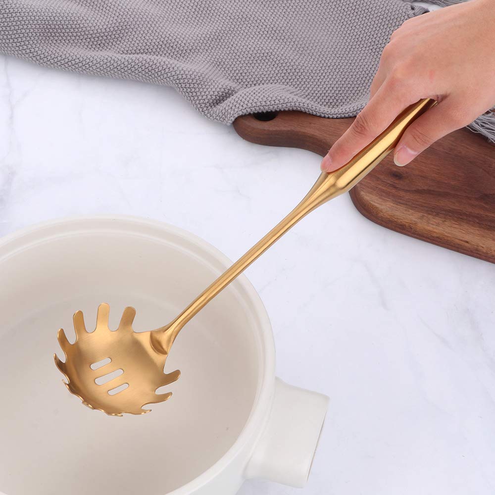 Stainless Steel Pasta Spoon Server,Kitchen Pasta Server, Ergonomic Handle & Heat Resistant Design - Kitchen Spaghetti Server Fork For Noodles, Pasta, More (gold)