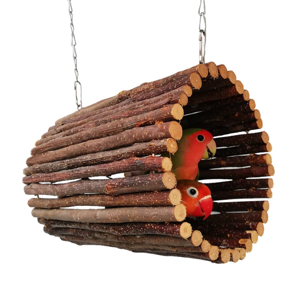 Wood Bird Swing Tunnel, Natural Chew Toy Wooden Hammock Perch & Hanging Nest with Hook for Parrots, Budgies, Cockatiels, Small Animals