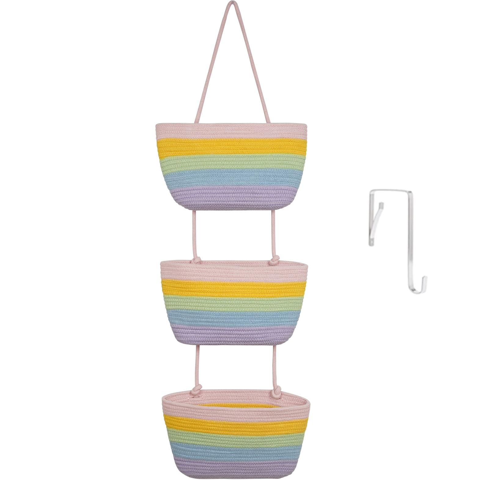 TeoKJ Hanging Basket for the Door, 3-Tier Wall Organiser, Hanging Organiser, Storage Baskets, Made of Cotton Rope, Woven with Hooks for Wall, Hanging Shelf Bathroom, Decorative Hanging Kitchen Baskets