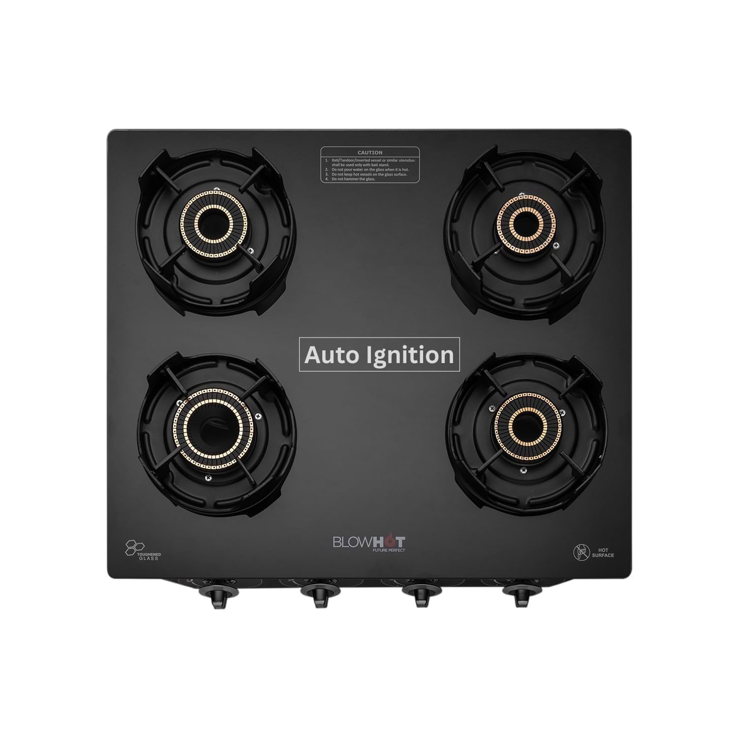 BLOWHOT Auto Ignition Premium Design 4 Tornado Brass Burner Gas Stove Emerald - Toughened Glass Cook Top Burner, Gas Stove Valve And Glass - 2 Years Warranty By BLOWHOT 1 Year General Warranty