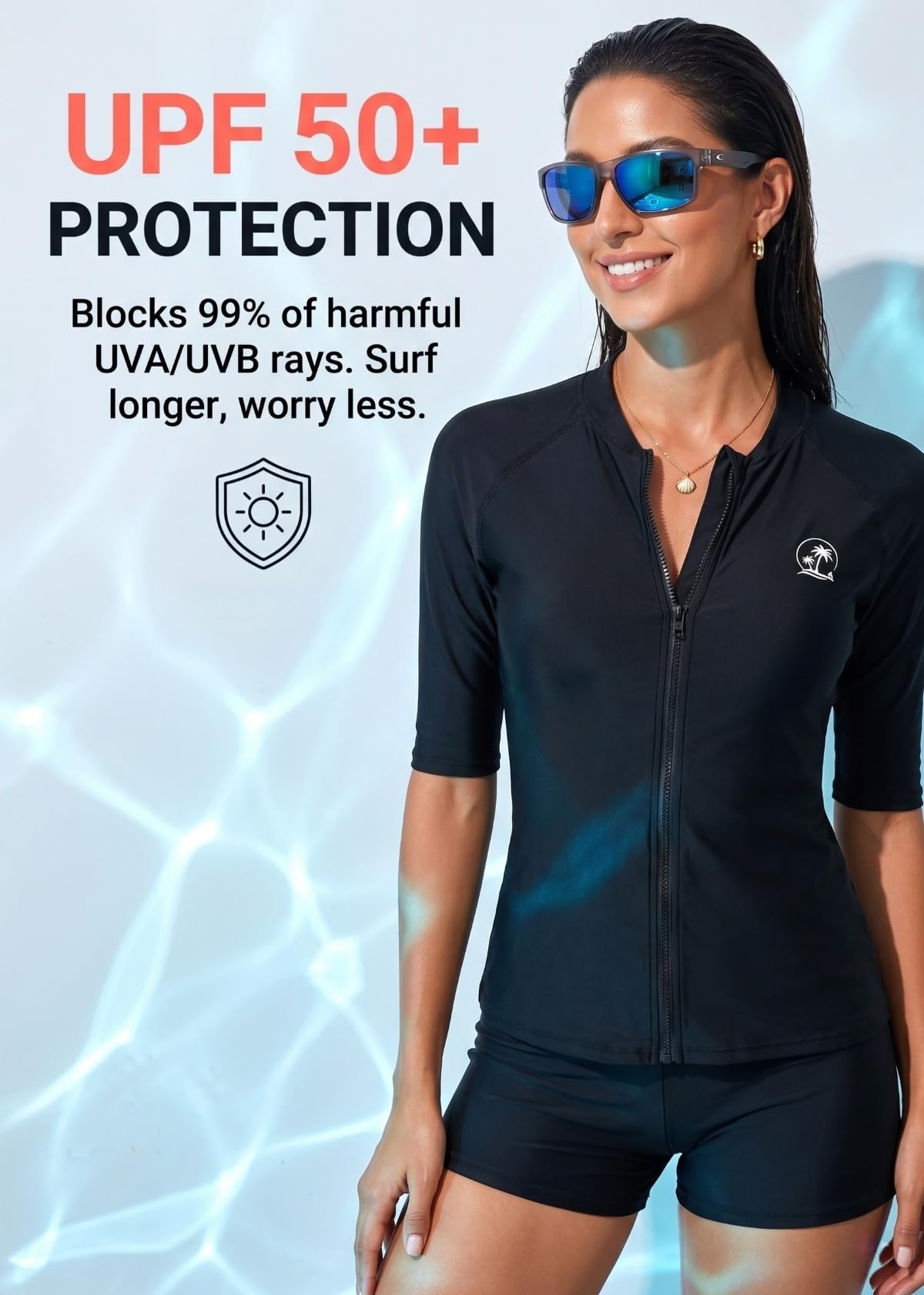 Holipick 2-teiliger Rashguard-Badeanzug für Damen, kurzärmelig, Schwimmshirt mit Shorts, durchgehender Reißverschluss, LSF, bescheidene Bademode