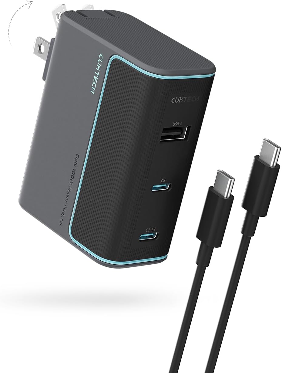 CUKTECH 100W GaN USB C Fast Charger, 3-Port Wall Charger, Compact Fast Charging Block, Foldable Power Adapter for MacBook Pro/Air, iPhone 17/16/15, Galaxy S24, Pixel, Steam Deck, with 240W Cable