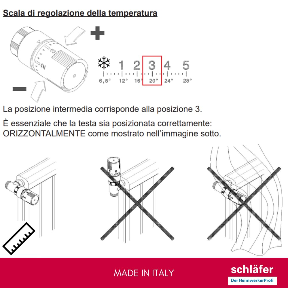 Schläfer 37041202 | Kit Termostatico ad angolo completo con valvola Termostatica 1/2, testa di comando impostazione 0-28 C e detentore 1/2 per termosifone, Termoarredi, Scaldasalviette
