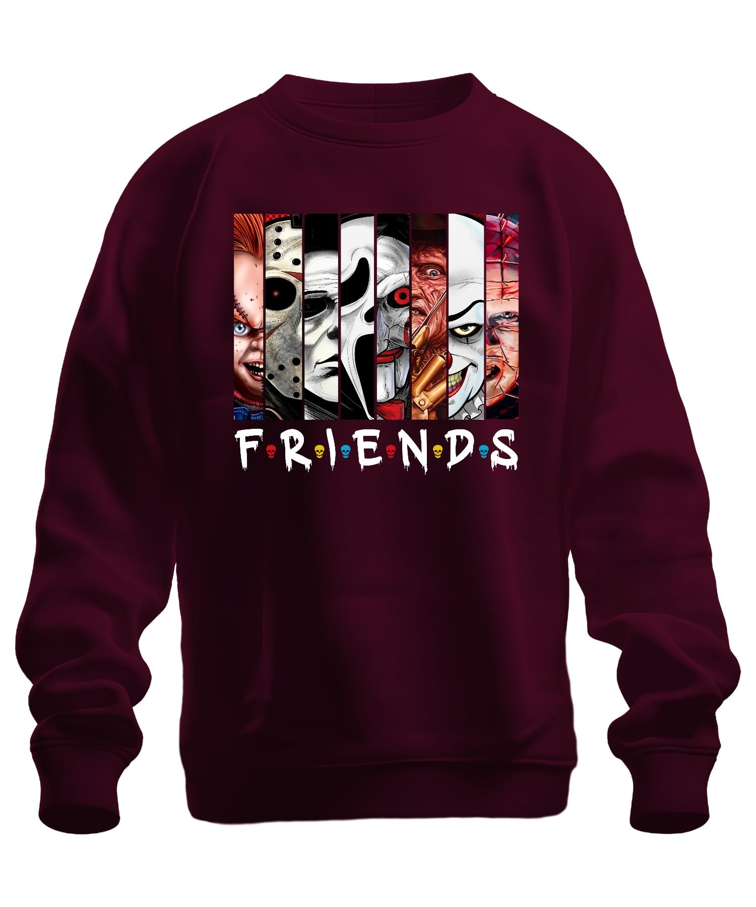 Printera Unisex Burgundy Friends Horror Icons Jason Michael Pennywise Freddy Chucky Cult Sweatshirt Pullover, L