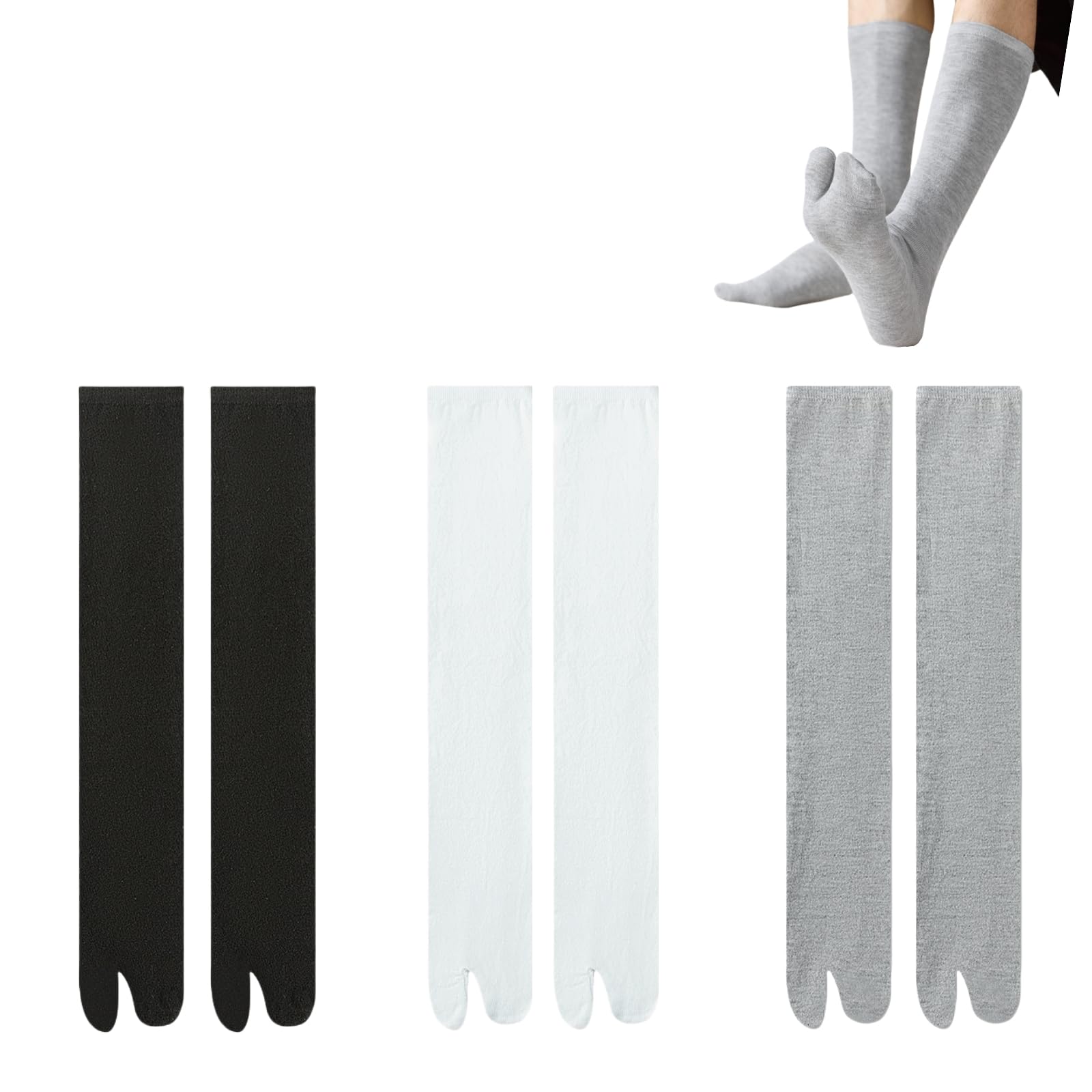 Hybursky Women's Black+Grey+White Tabi Flip Flop Socks For Men 3 Pairs Cotton Japanese Split Toe Socks Mid-Calf Length Elastic Unisex Shinobu Cosplay Extra Sock(Black+Grey+White)