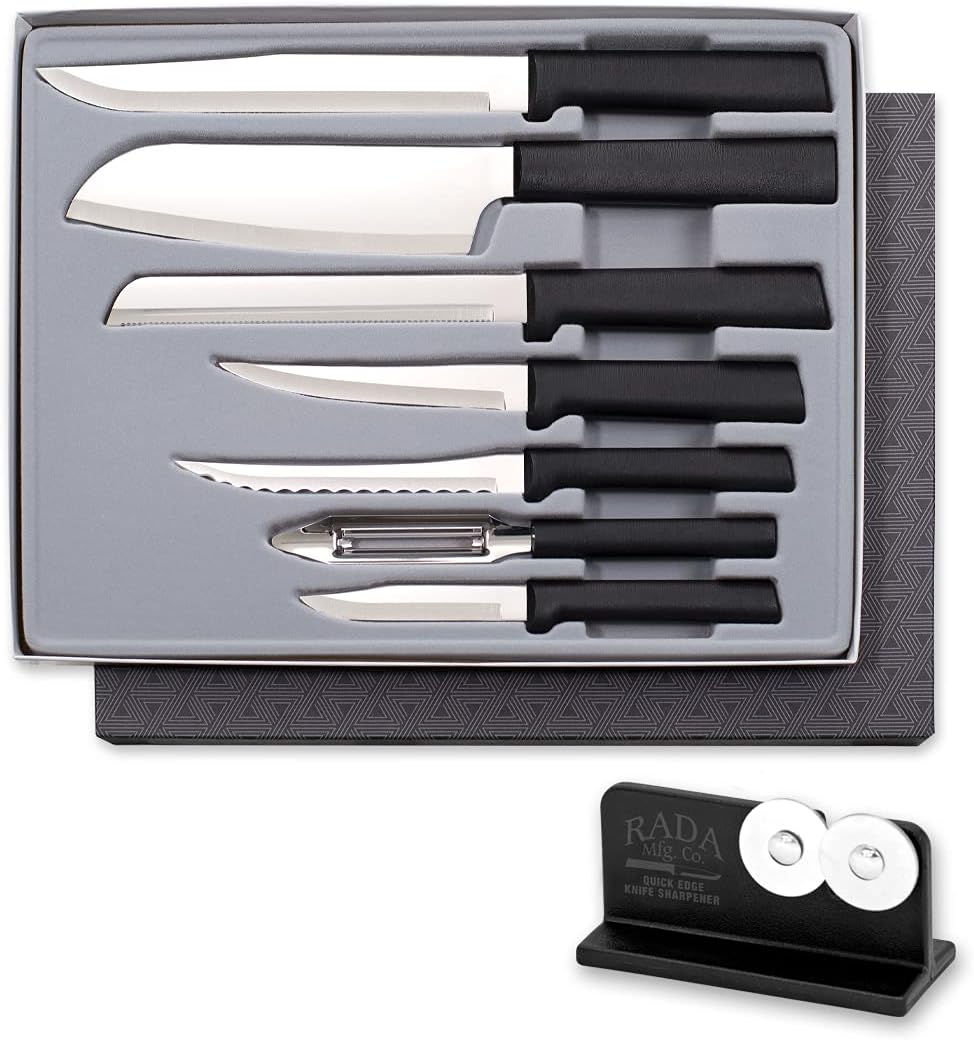 Rada Cutlery The Starter Gift Set (G238), 7-piece Knife Set with Quick Edge Sharpener (R119), Stainless Steel Blades, Black Handle