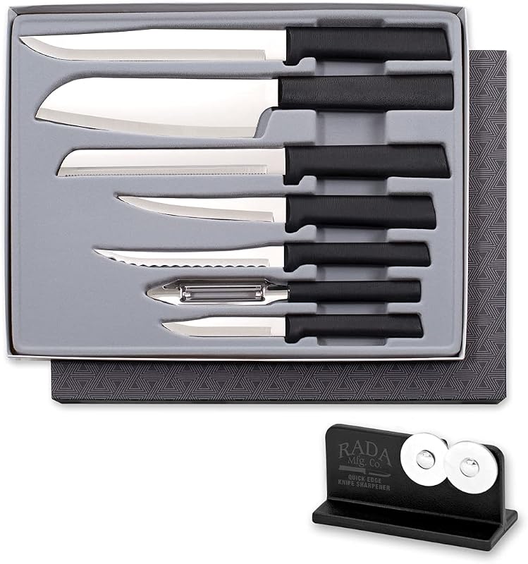 RADA Cutlery The Starter Gift Set (G238) with Sharpener, Black | 7-piece Knife Set with Quick Edge Sharpener (R119), Stainless Steel Blades, Resin Handle