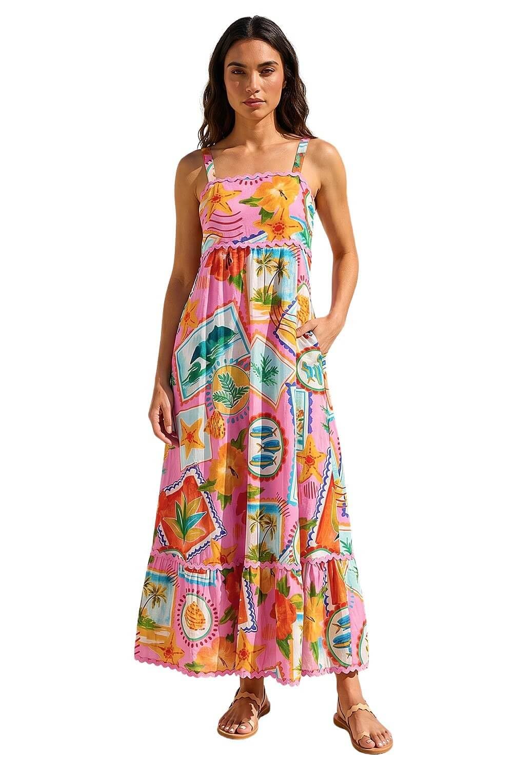 Roman Originals Women's Pink Floral Ric Rac Maxi Dress For Uk - Everyday Holiday Spring Summer Square Neckline Comfy Soft Evening Vacation Work Party - Size 20