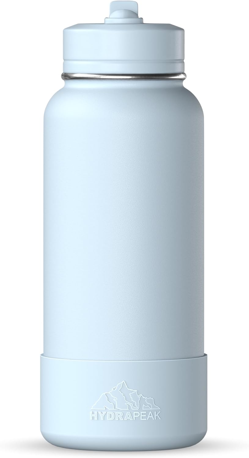 Hydrapeak 32oz Sport Insulated Water Bottle with Straw or Chug Lid, Leak & Spill Proof, Keeps Drinks Cold for 24 Hours, Hot for 12 Hours, Premium Stainless Steel Water Bottles (32oz, Powder Blue) (Powder Blue) Thumbnail