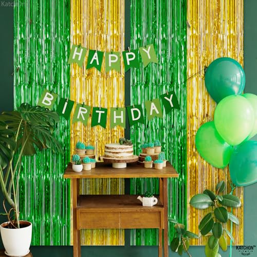 Image of KatchOn, Green and Gold Foil Fringe Curtains - 6.5x6.5 Feet | St Patricks Day Backdrop for St Patricks Day Decorations | St Patrick's Backdrop, St. Patrick's Day Decorations