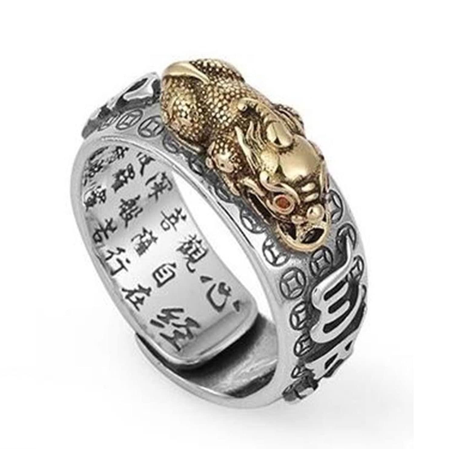 Chiński Pierścień Szczęścia Feng Shui ， Feng Shui Pixiu Mantra Pierścień S Srebrny Buddyjski Amulet Szczęścia Mantra Podwójna Ochrona Bogactwo Miłość Zdrowie Pierścień Prezent dla Mężczyzn Kobiety, Zł