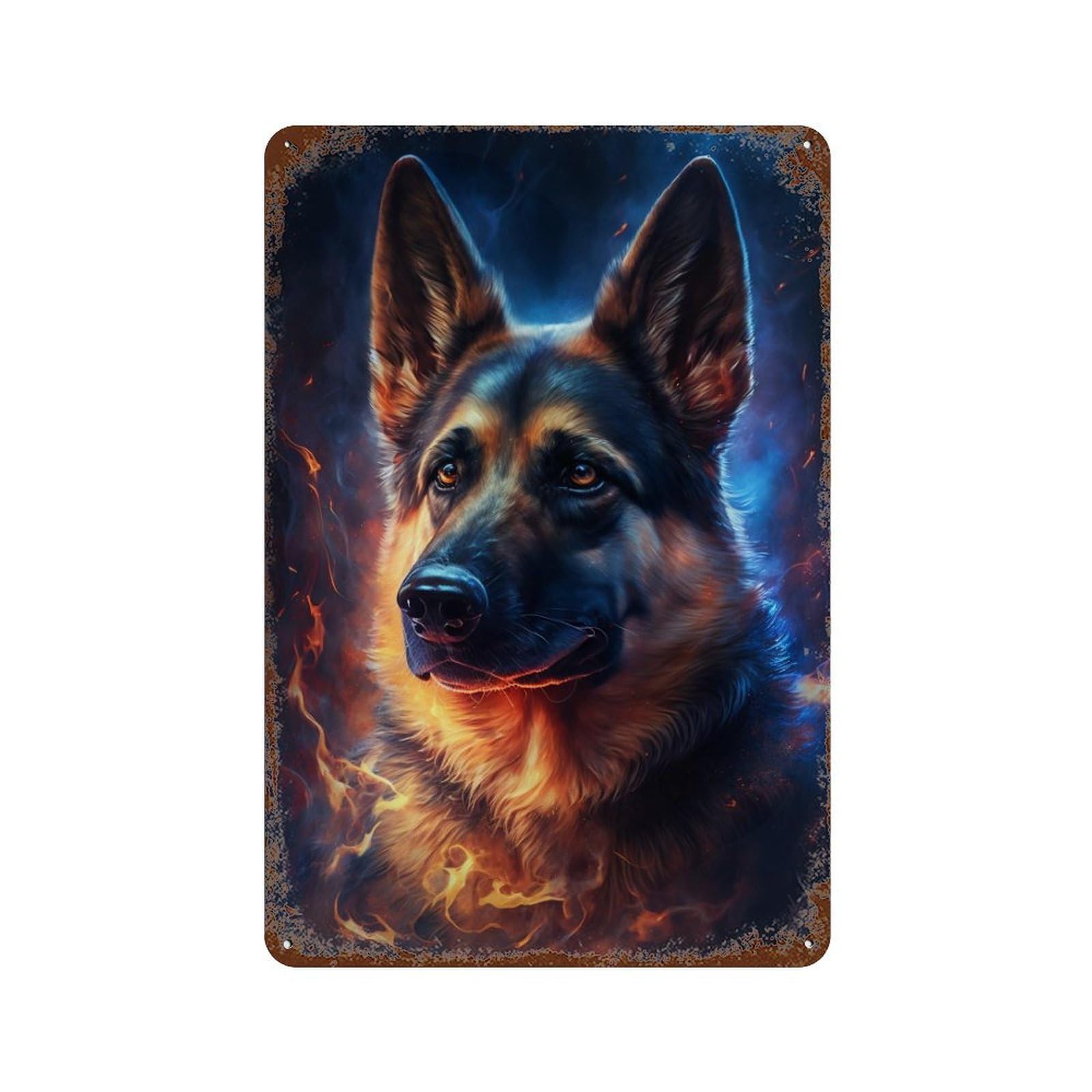 Flaming German Shepherd Art Print Vintage Rust Metal Sign 11.8"x7.9", Shabby Chic Decor for Shed, Workshop And Garage Wall Decor