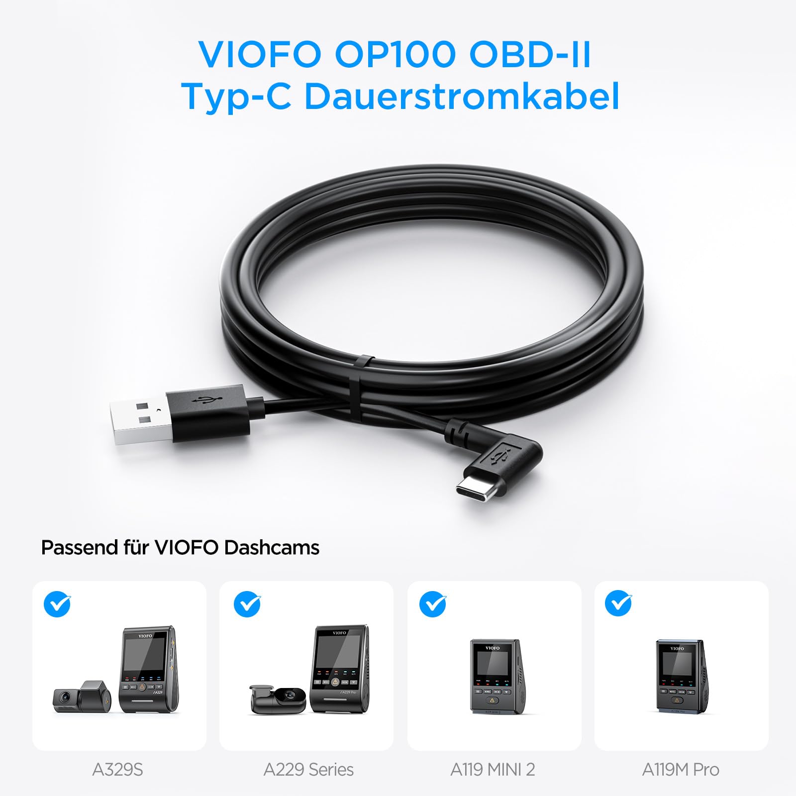 VIOFO OP100 OBD-II Tipo C - Cable de alimentación continua para cámaras de salpicadero de coche, cable OBD con interruptor de tiempo, 24 h de vigilancia de aparcamiento con protección de baja tensión