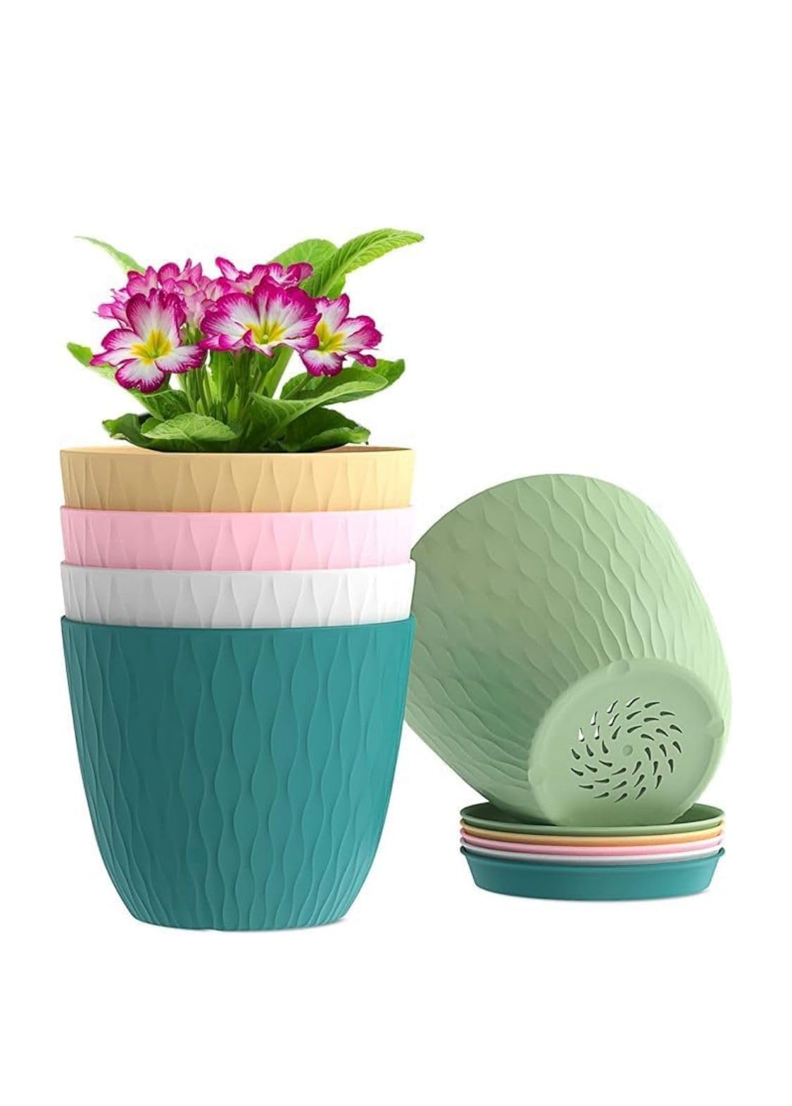 7 Inch Plastic Flower Pots for Home Garden – Set of 5 | Decorative Planters with Bottom Tray & Drainage | Indoor Outdoor Plant Pot Set (Multicolor)-image-30