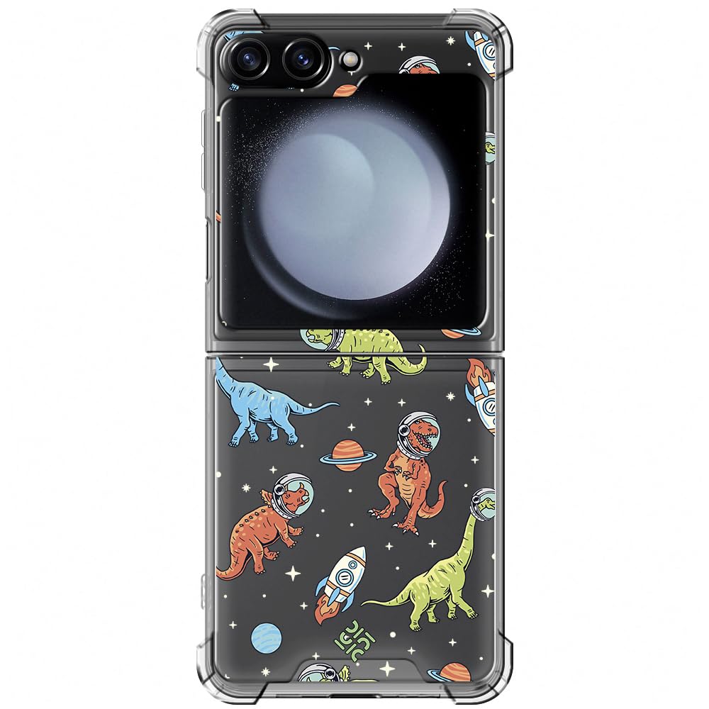 Movilshop Shockproof Case for Samsung Galaxy Z Flip 5 Space [Space Dinosaurs] Reinforced Corner Silicone 1.5 mm Thickness Flexible Transparent Bumper TPU Gel