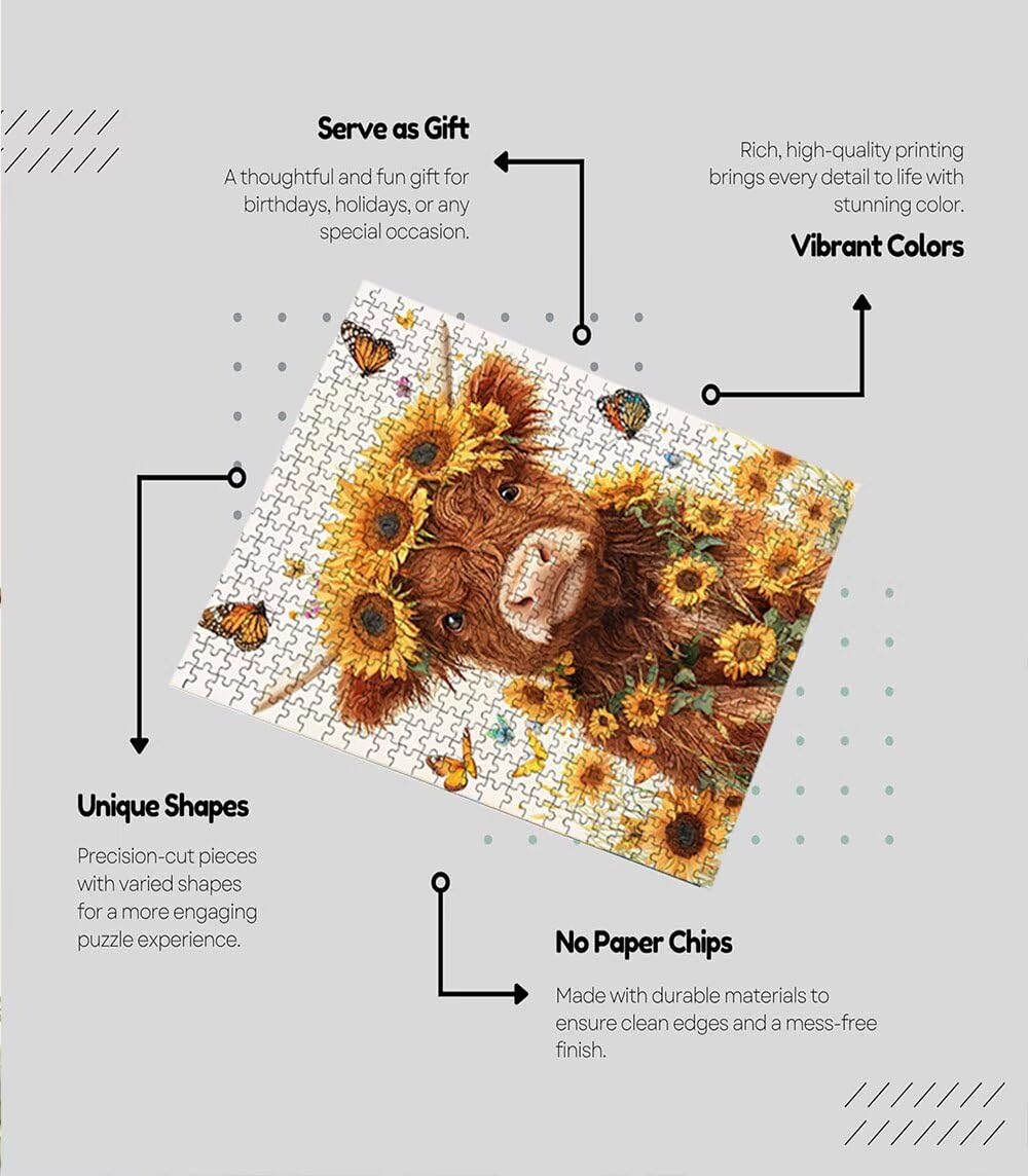 Puzzle 1000 elementów, Sunflower Highland Krowa Puzzle dla dorosłych 1000, niemożliwe klasyczne układanki, drewniane układanki, gra rodzinna, do gry edukacyjnej wyzwanie, dekoracja prezent BXHZW5-921
