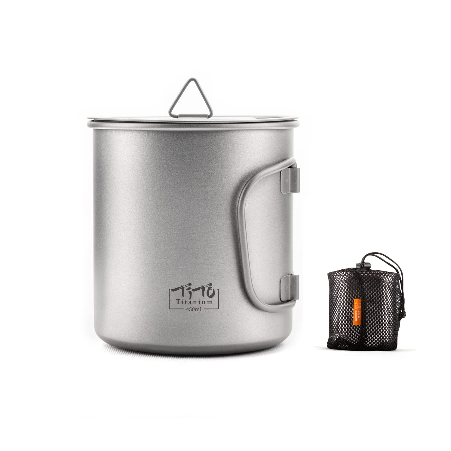 TiTo Titanium Becher Camping Tasse 450ML Outdoor Ultraleichter Titanbecher Tragbar Tee Kaffee Wasserbecher mit Klappgriff und Deckel für Wandern Picknick oder Trekking(450ML)