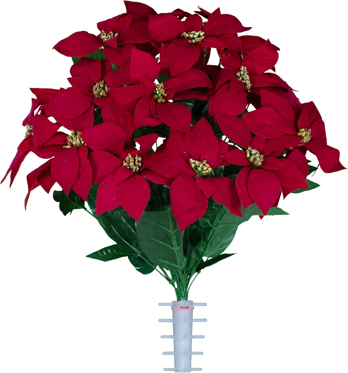 Fleurs artificielles de cimetière – Poinsettias rouges et roses avec paillettes et branches de pin givrées (rouge, bouquet)