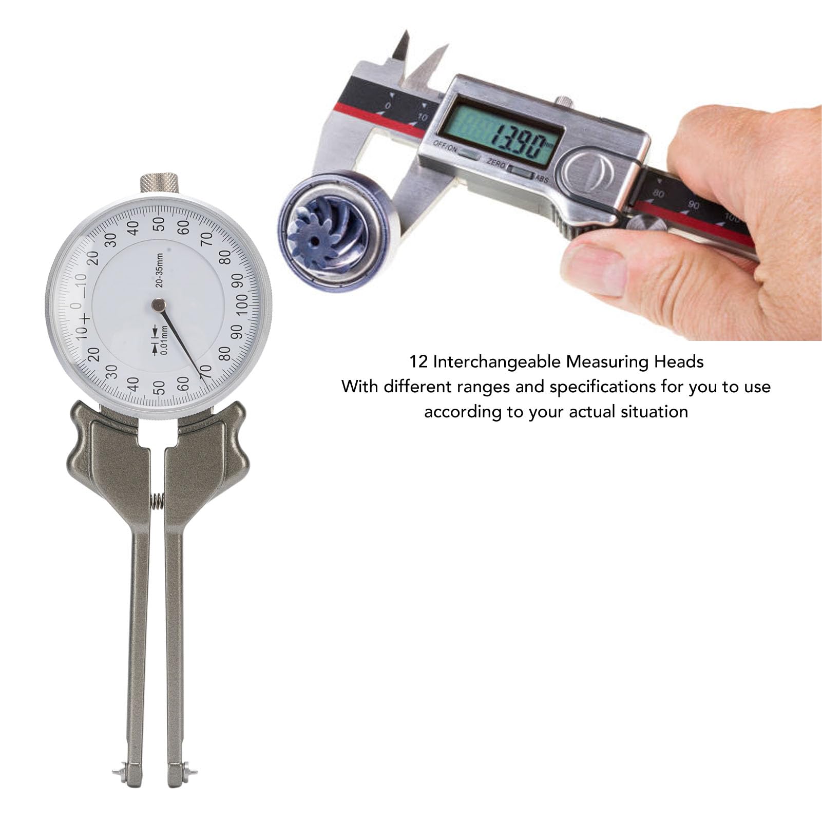 Ausla Calibrador de Dial Interno, Rango de 20-35 Mm Graduación de 0,01 Mm Profundidad de 70 Herramienta de Medición Interior 12 Cabezales Intercambiables para Medir Tamaños de