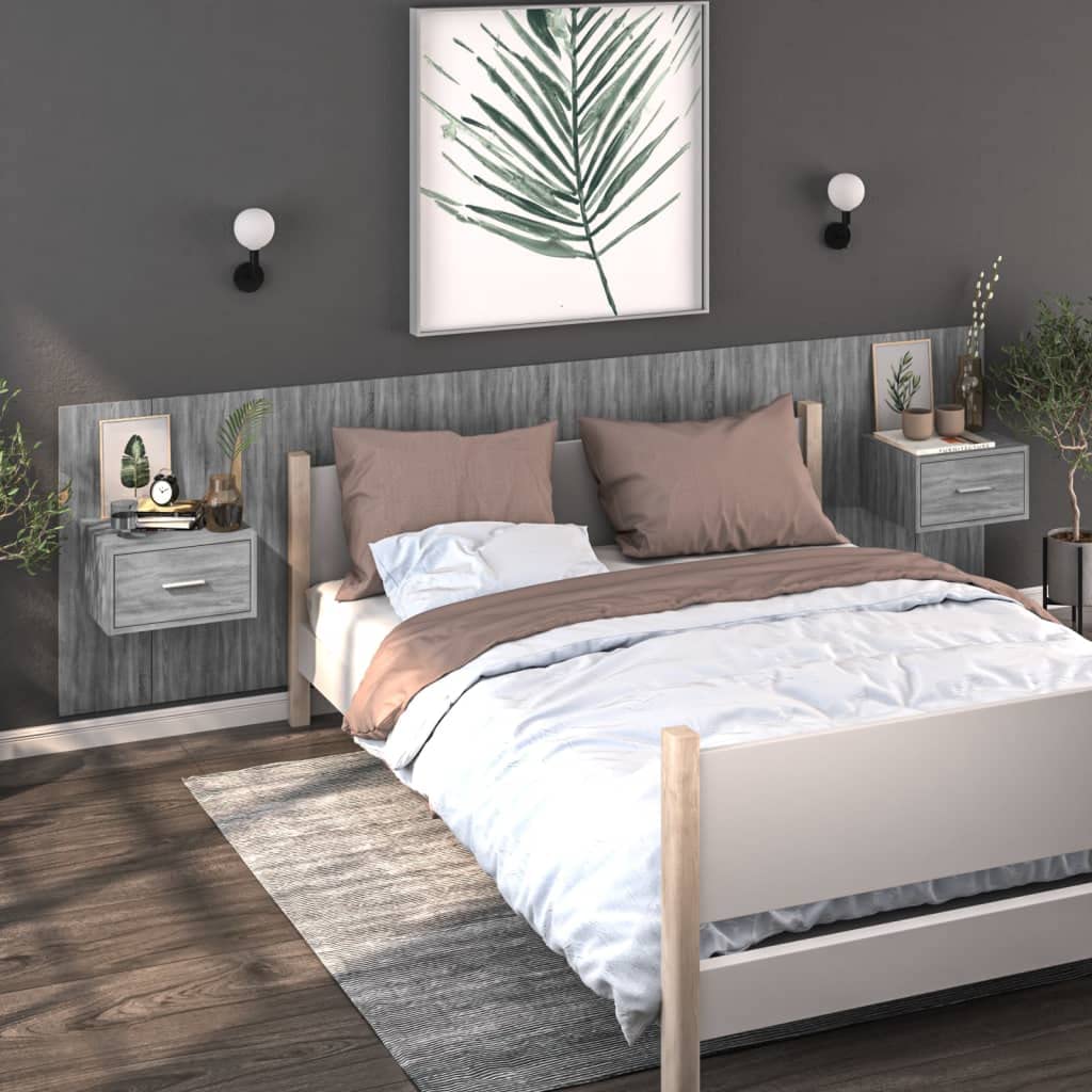 Mesita de noche multifuncional de pared hecha de material de madera para montaje en pared con cajón – Mesita de noche montada en la pared con almacenamiento gris Sonoma 2 unidades