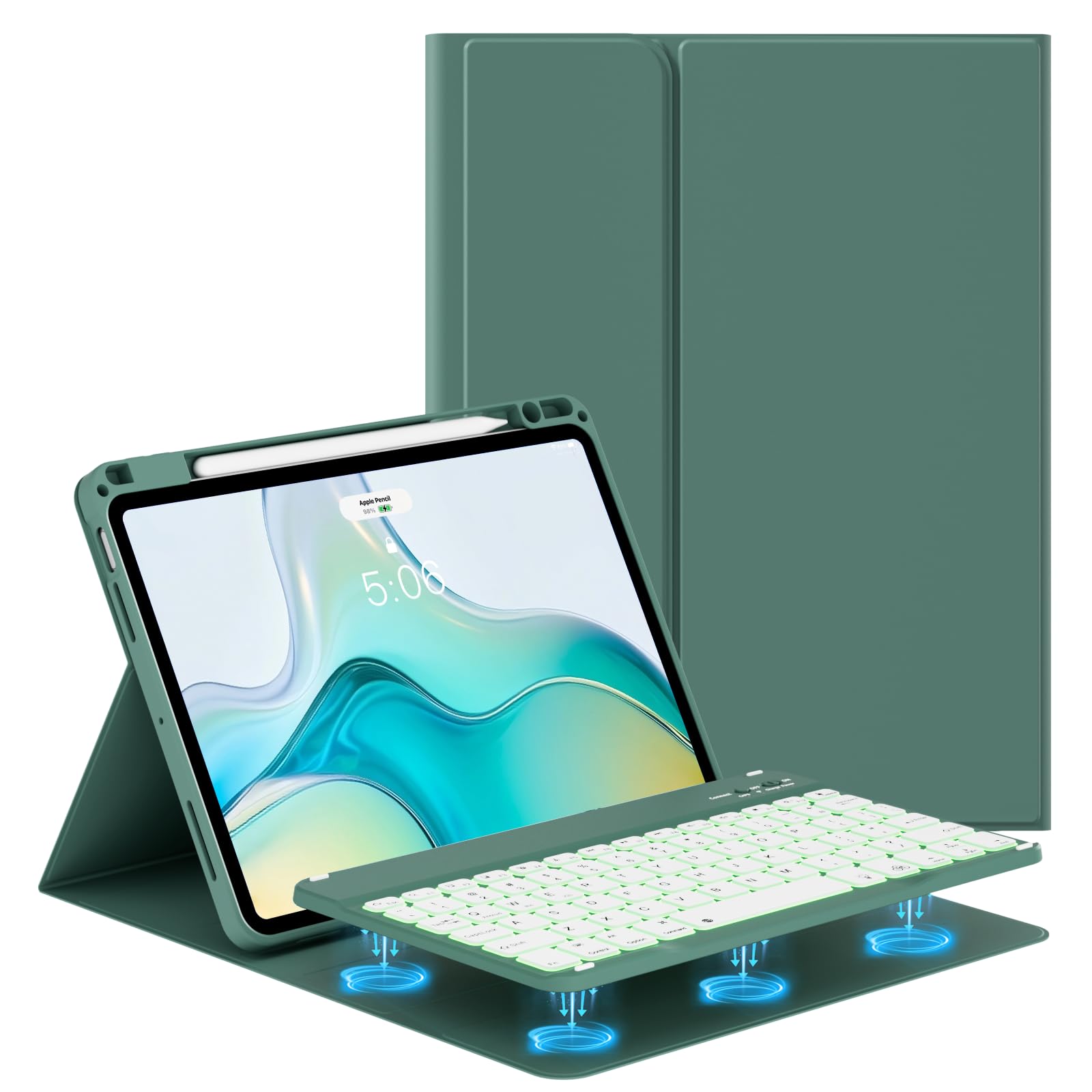 KTGGHG Keyboard Case for iPad Air 11-Inch M3/ M2 (2025/2024), for iPad Air 10.9-Inch 5th/ 4th (2022/2020) - 7 Color Backlit Magnetic Wireless BT Detachable Keyboard Case with Pencil Holder, Dark Green