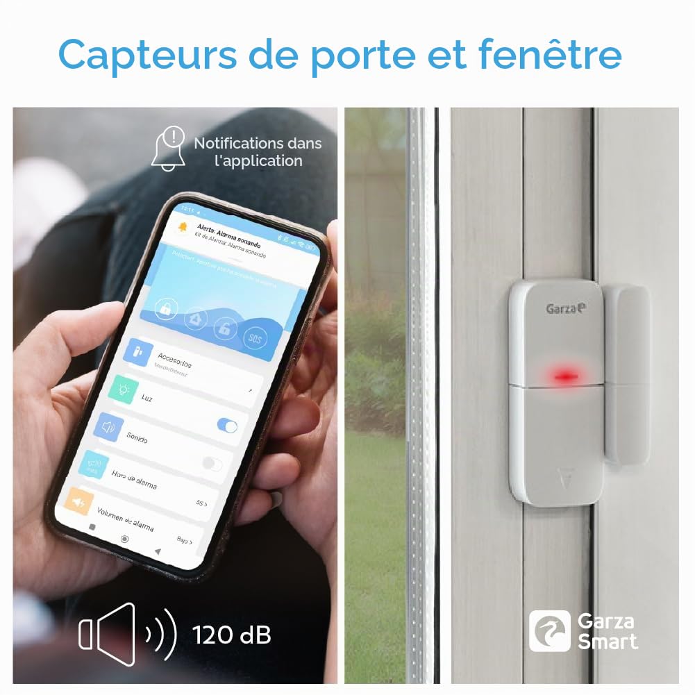 Garza - Kit Alarme Wi-FI 2,4 GHz avec caméra 1080p 360°, sirène 120 DB, capteurs de Mouvement et Ouverture Porte/fenêtre, contrôle Via app et Vocal
