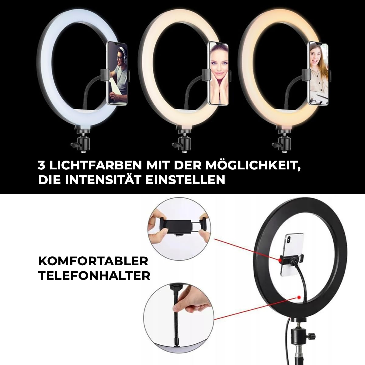 Lampa pierścieniowa LED ze statywem, 30 cm, 220 cm, pilot zdalnego sterowania, zasilanie USB, 3 tryby świecenia, 10 poziomów jasności, 80 W do makijażu, streamingu, selfie