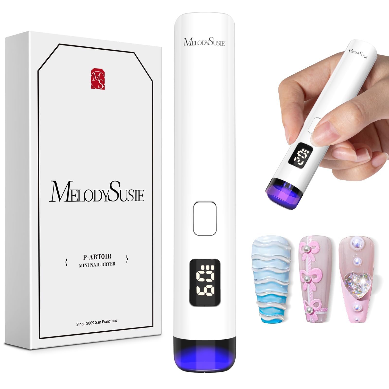 Melodysusie Handheld UV Light for Gel Nails, ART01R Cordless Gel X Nail Lamp Rechargeable with LCD Display, Eye-Protective Cover Flash Cure Nail Dryer for Rhinestone Glue Decoration DIY at Home