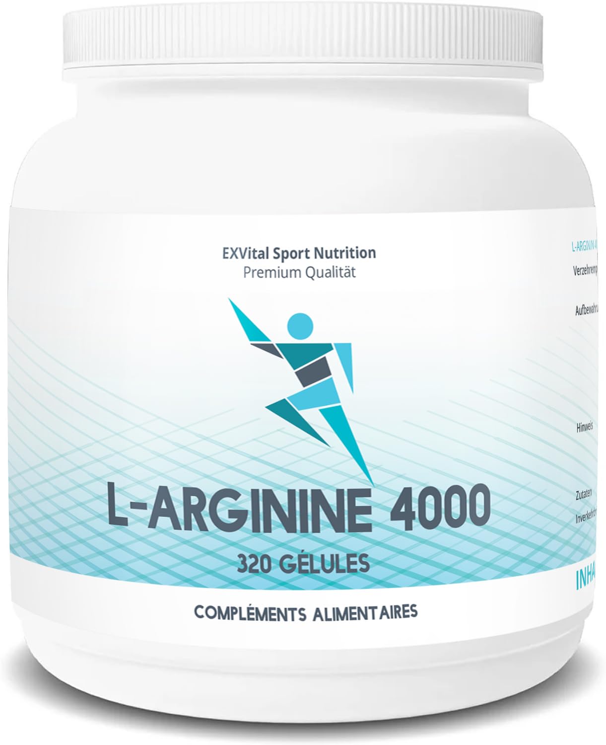 EXVital L-Arginine 4000 Base, hautement dosée, 320 gélules de qualité supérieure