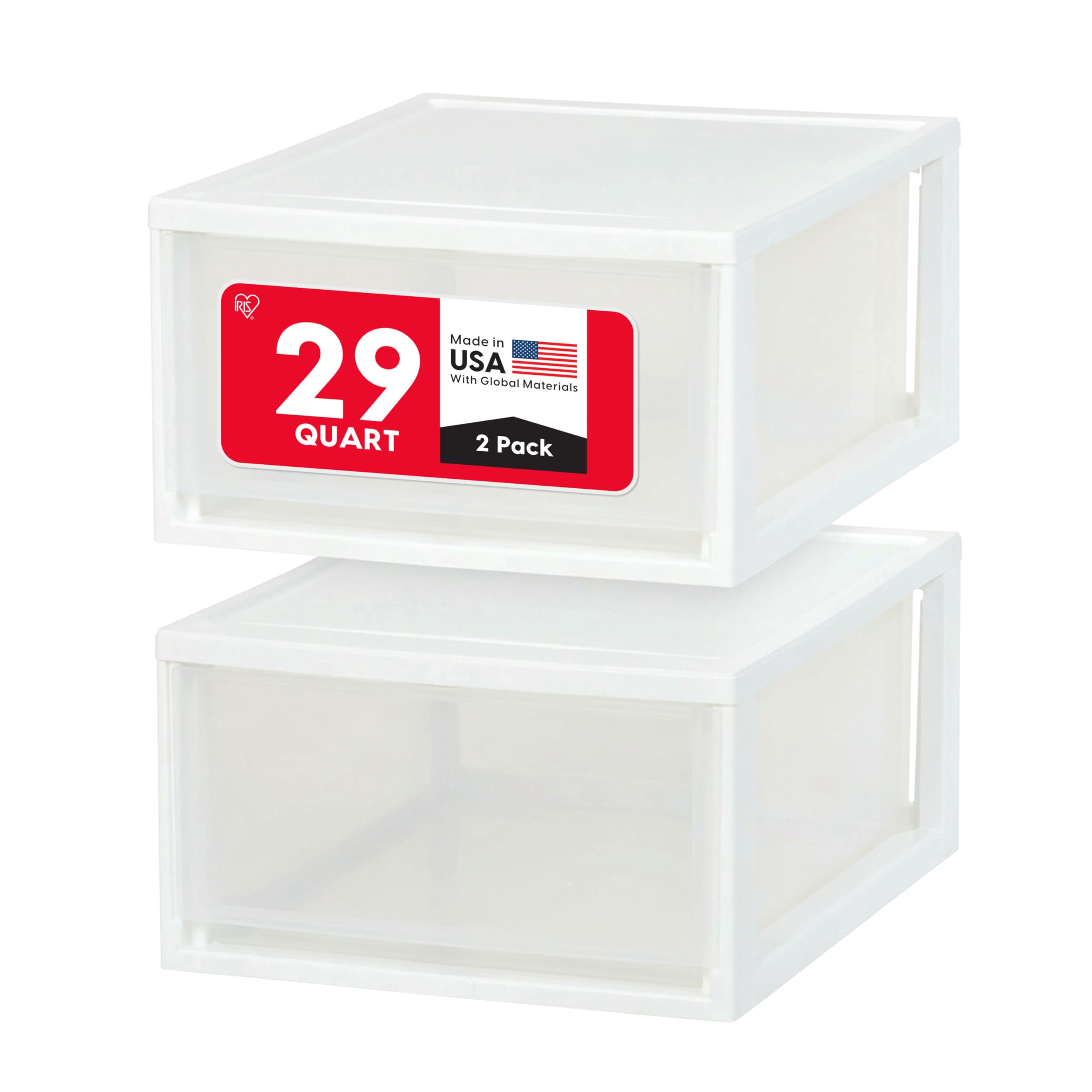 IRIS USA 30 Qt. Plastic Drawer Storage Organizer Stacking Drawers, 2-Pack, Stackable Unit with Sliding Drawer for Clothes Bedroom Kitchen Under Sink Pantry Craft Room Bathroom Dorm Office, White