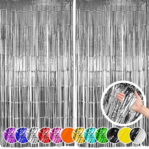 Image of Hampton Distribution 2 Pack Silver Foil Fringe Curtains, Silver Tinsel Backdrop Party Curtains, Decorations for Birthday, Holidays, Parties & More