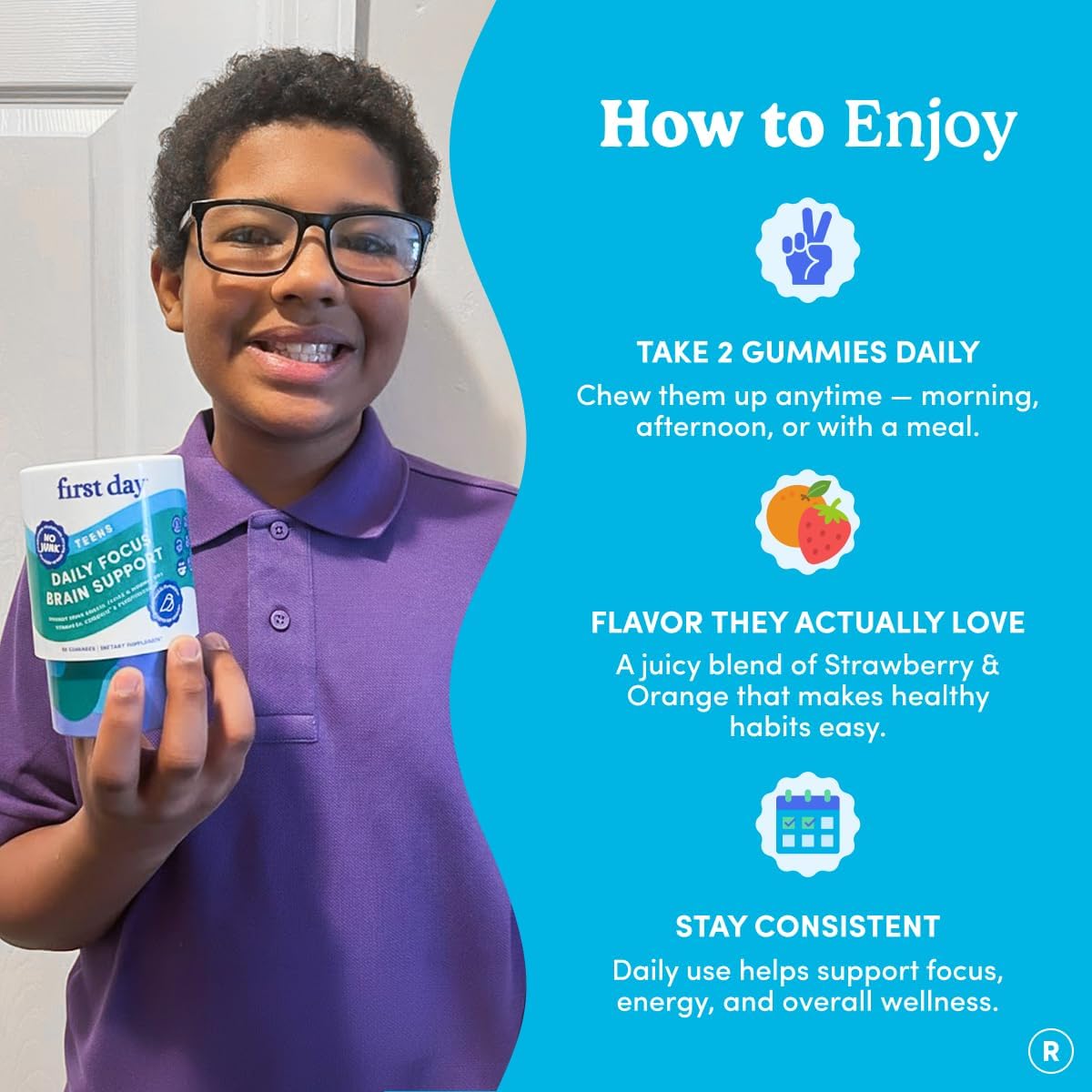 FIRST DAY Teen Brain & Focus Supplement Gummies Ages 13–18 | Study & Concentration Support with Cognizin® Citicoline & Phosphatidylserine | Vegan, Non-GMO, Caffeine-Free | 30-Day Supply