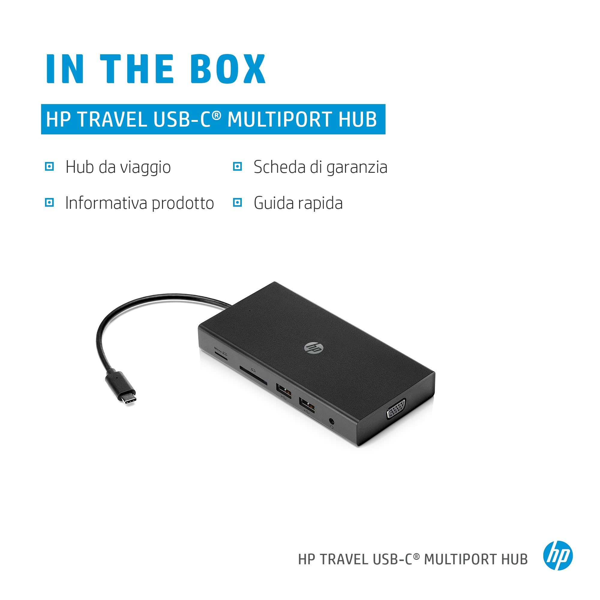 HP Hub Multi porta USB-C da Viaggio, Compatibile con PC dotati di Porta USB-C, Power Delivery e DisplayPort, Nero
