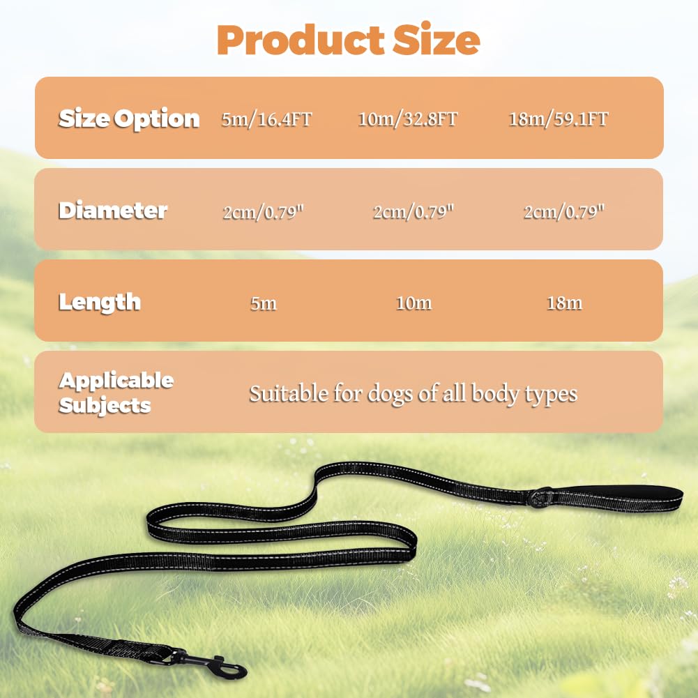 Correa Perro Adiestramiento, 5M/10M/18M Cuerda Larga Grande, Nylon Suave Correas Reflectante con Gomas para Perros Grande y Pequeño, para Entrenar, Acampar, Pasear- Negro — view 4