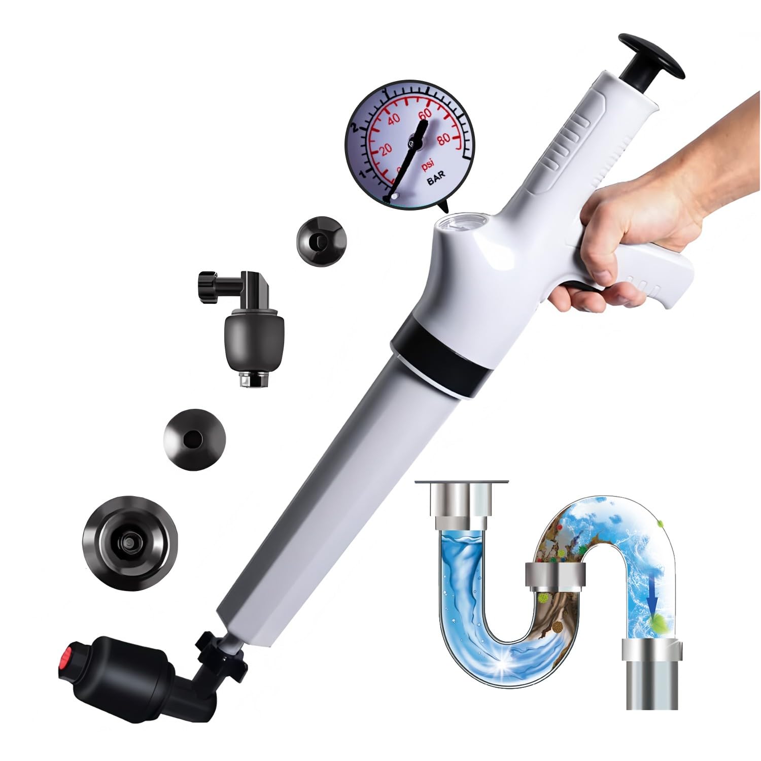 Desatascador WC a Presion con 4 Cabezas de Pistón, Desatascador Tuberias Profesional con Aire Comprimido, Desatascador Aire Comprimido, Bomba de Desatasco, para Inodoro, Lavabo