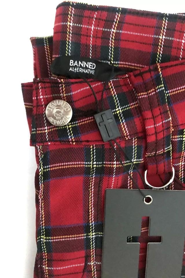 Ro Rox Banned Red Tartan Skinny Pants Women's Plaid Check Emo Punk Trousers, Red, XL3