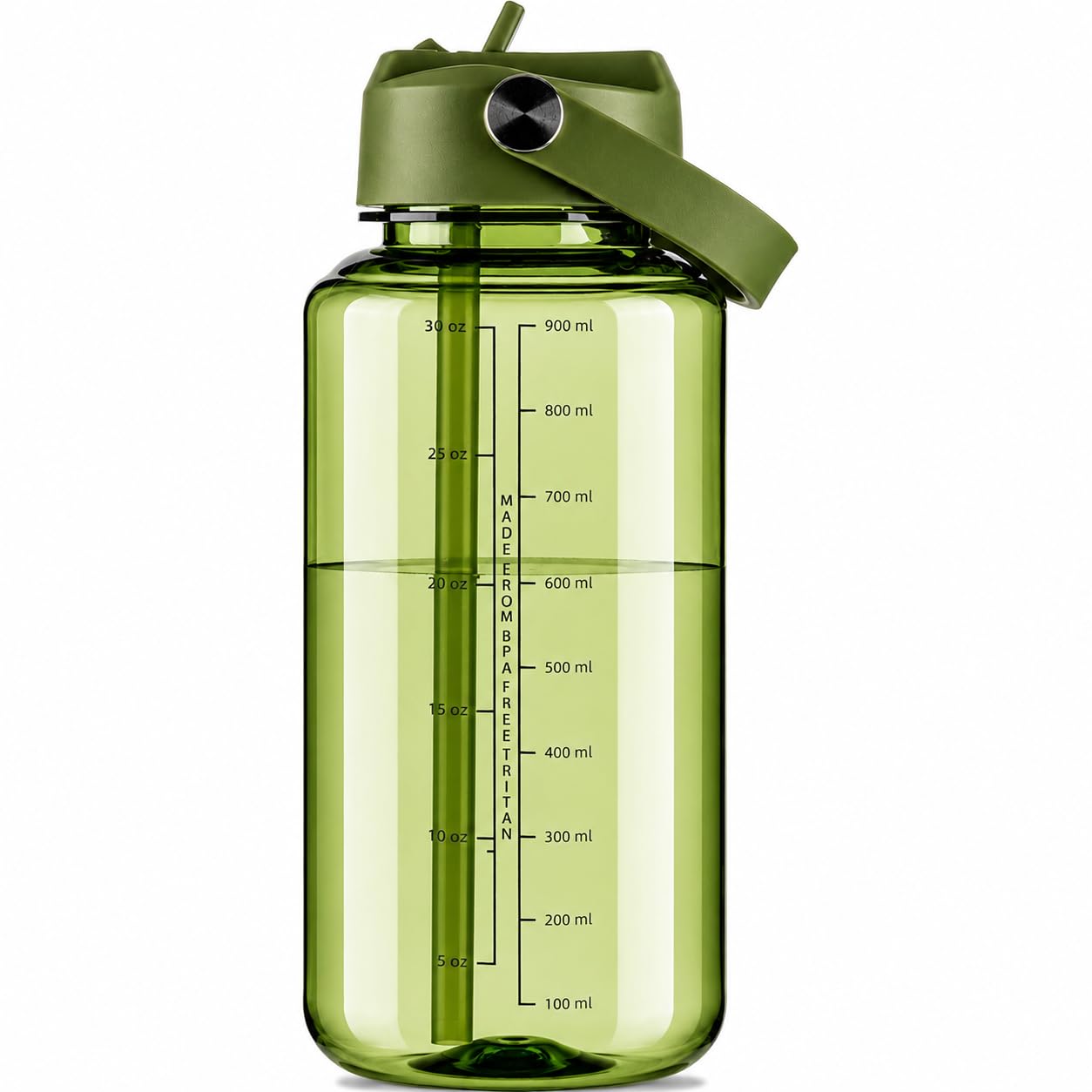 OLDLEY 32oz Water Bottle with Straw,Leakproof Tritan Clear Bottle with Marked Bottle and Carry Handle, BPA-Free Wide Mouth Reusable Sports Bottle for Gym,Hiking,Camping,Travel,Workout,Army Green