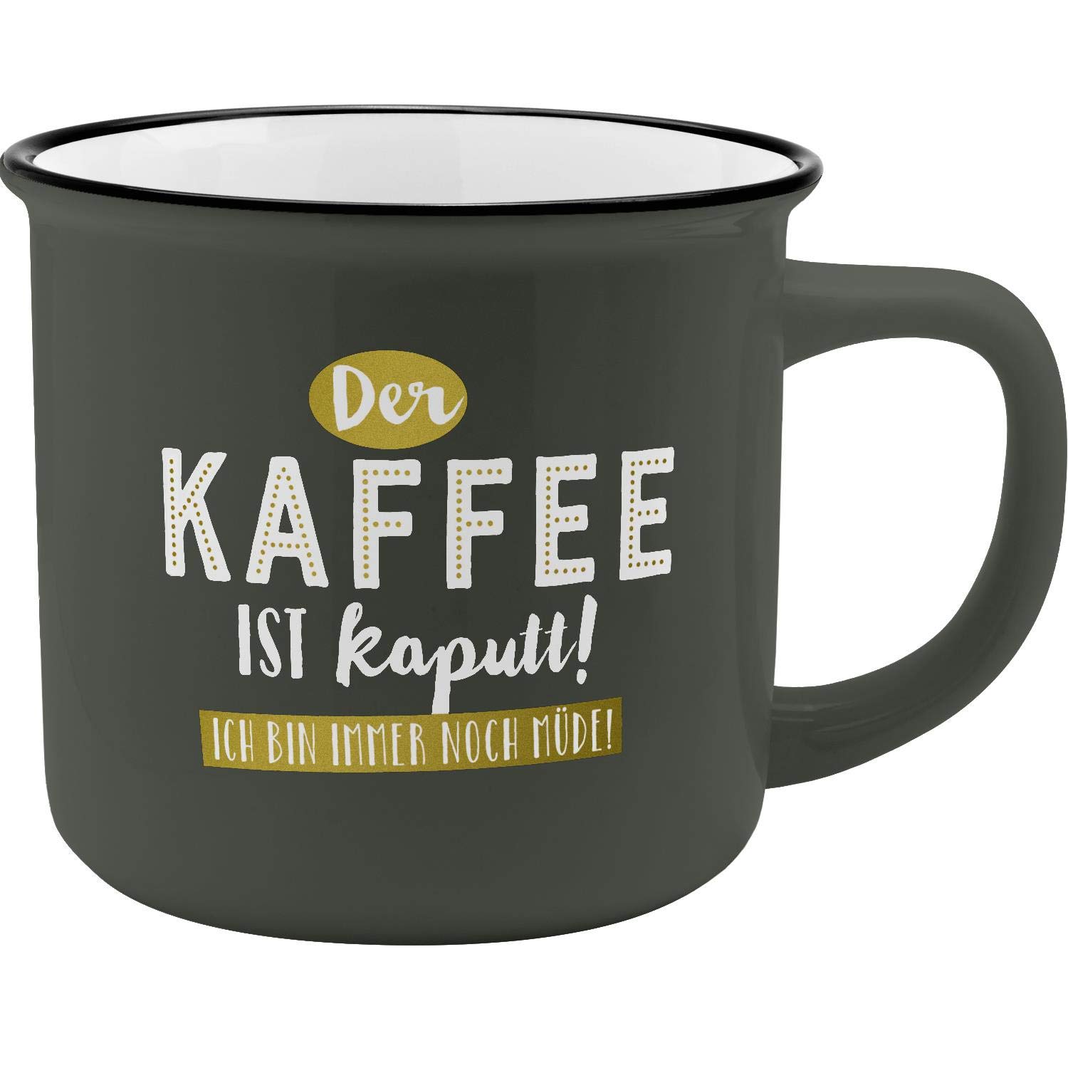 GRUSS & CO 46973 Mug with Saying "Der Kaffee ist kaputt", New Bone China Porcelain, 35 cl, Black