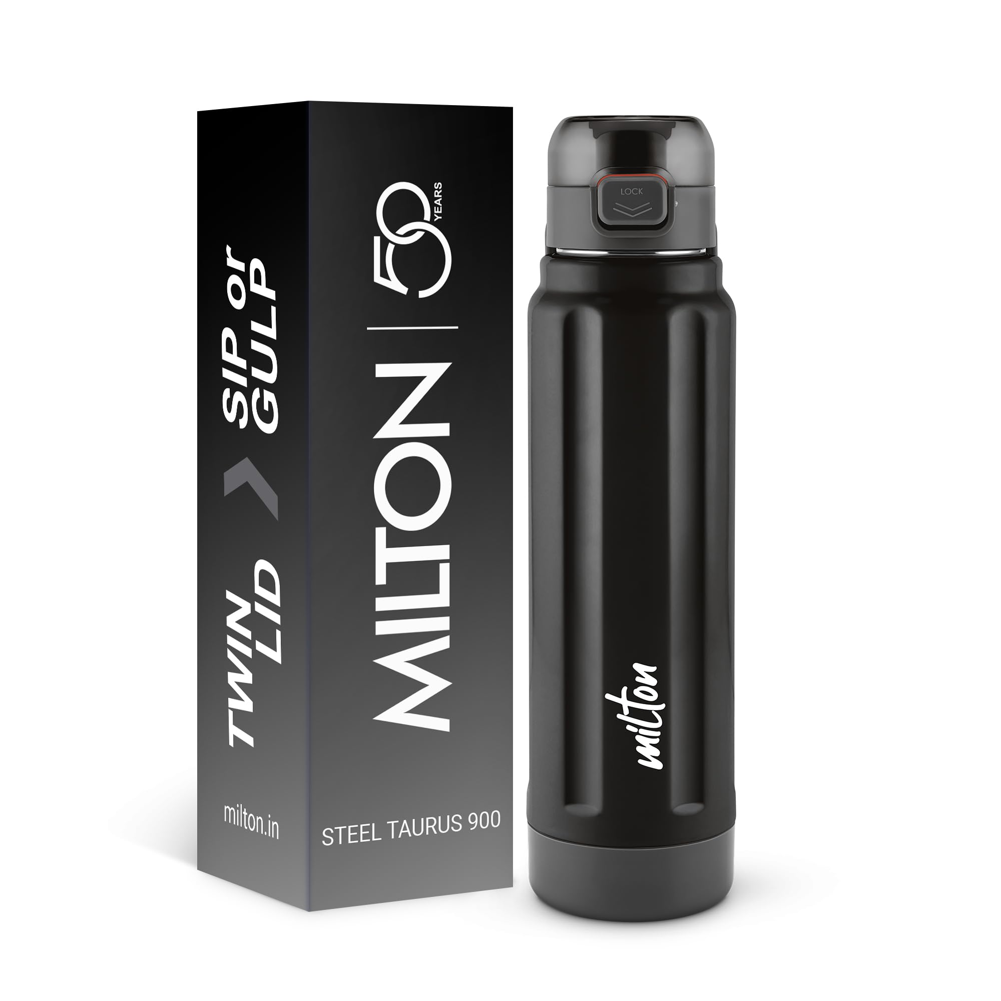 Milton Taurus 900 Steel Thermoware, Inner Stainless Steel, PU Insulated, Leak Proof Water Bottle for School Kids, Office, Gym, Easy to Carry Handle, 665 ml, Black