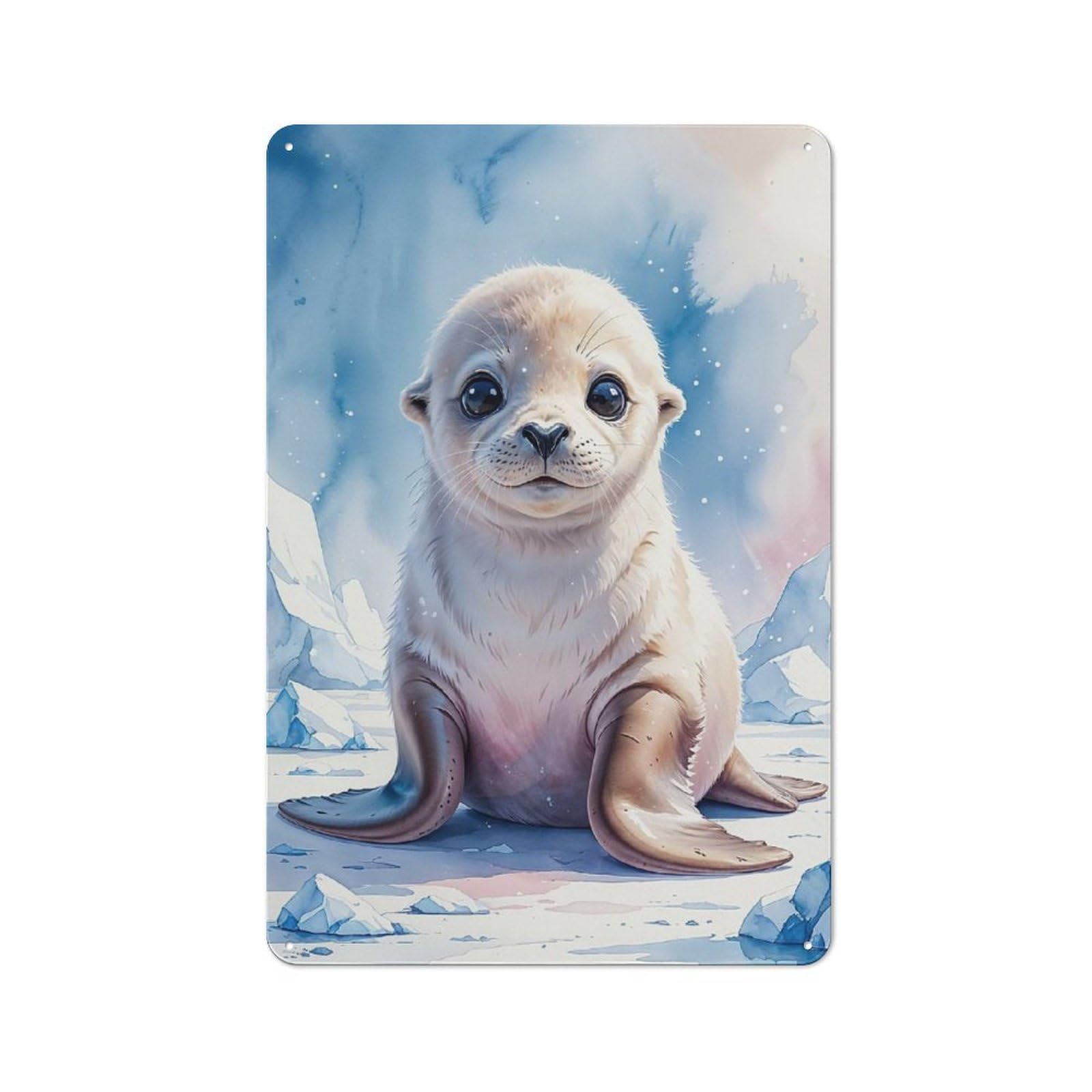 Cute Baby Seal Pup Watercolor Vintage Tin Sign 30x20cm for Guest Room Or Hallway, Suited to Home Decor Collectors