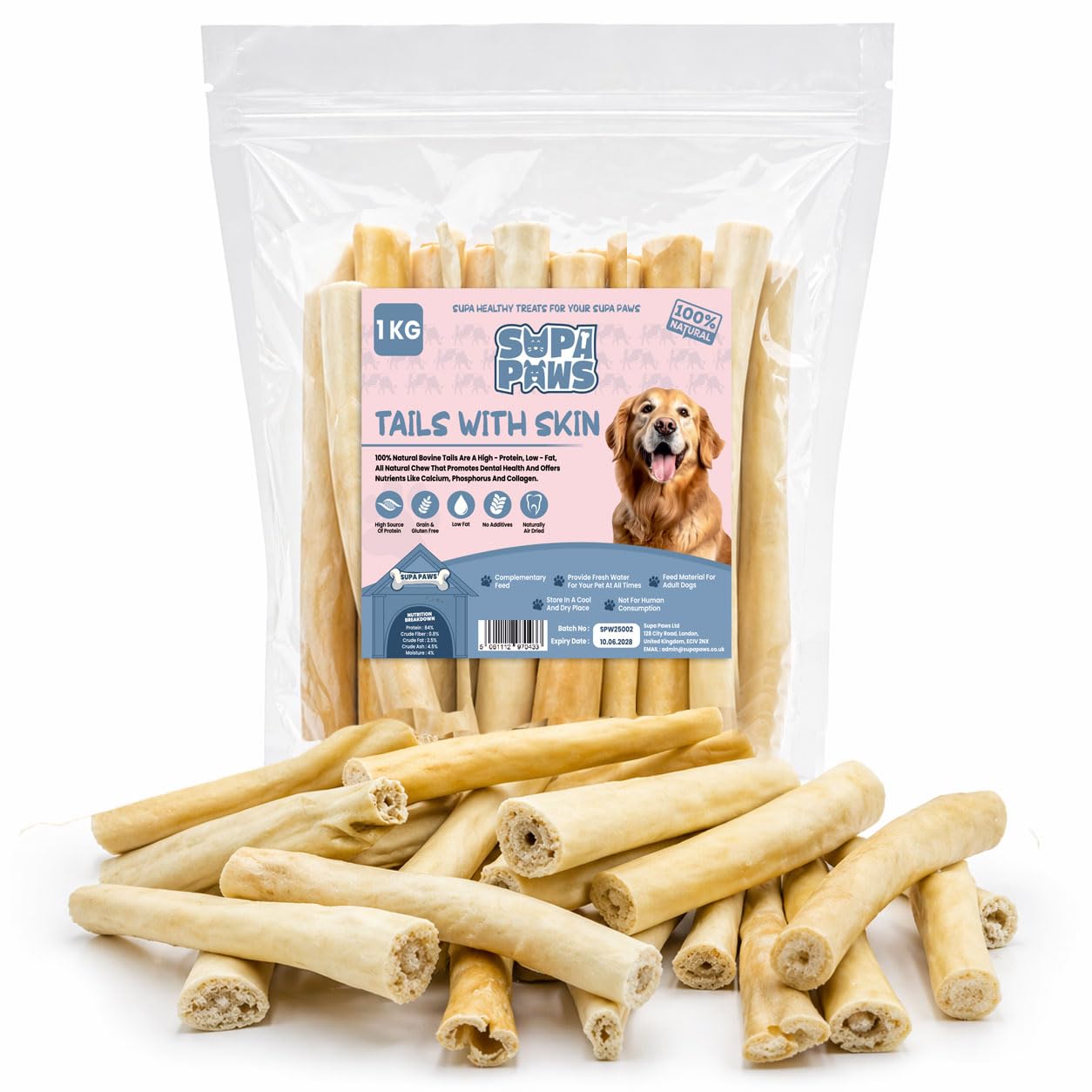 Supa Paws 1Kg 100% Natural Beef Cow Tails for Dog Air Dried Grain & Gluten-Free Long Lasting Chewing Bones Low Odour Beef Treat for Dog Alternative to Meat Bully Sticks Snacks Suitable for All Breeds