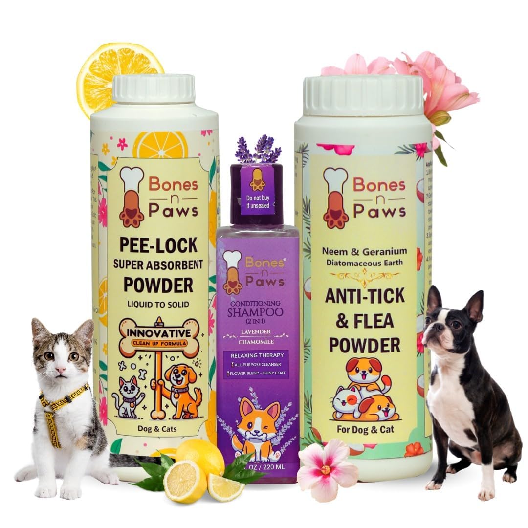 BONES N PAWS Pet Care Combo of 3 – Anti-Tick Flea Powder 300g, Pee-Lock Absorbent Powder 300g, All Purpose Shampoo 220ml for Dogs and Cats, Pet Coat Care