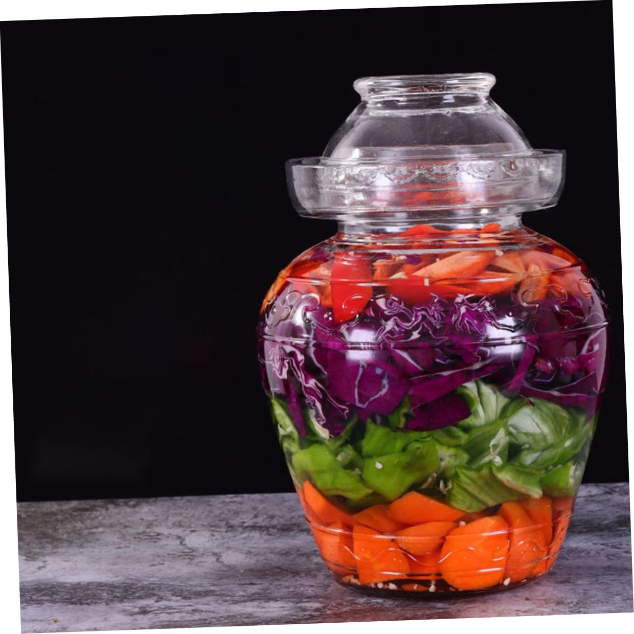 Uonlytech Barattolo per Fermentazione Alimentare in Vetro Spesso con Coperchio Sigillante Vaso per Sottaceti e Verdure Design Inciso Trasparente Capacità Uso Domestico e Conservazione