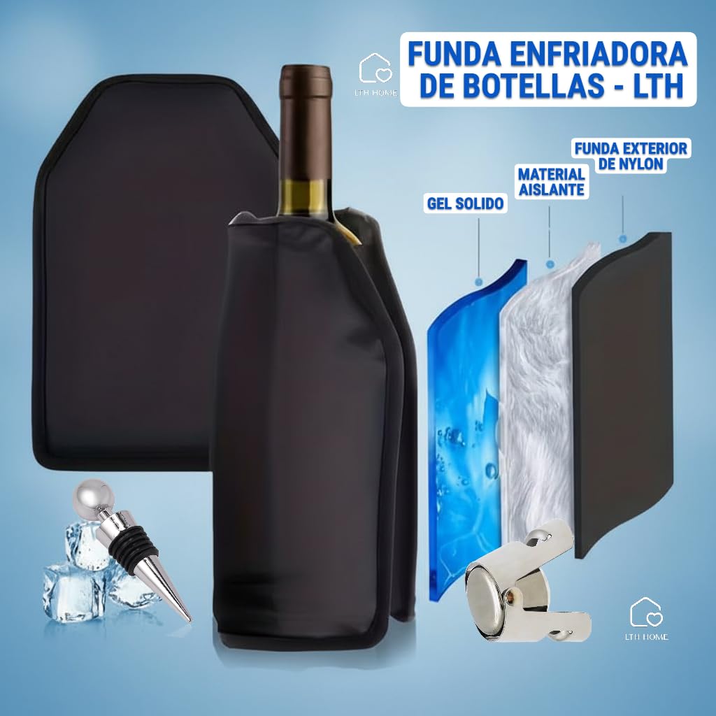 Enfriador de botellas de vino + 2 tapones, Enfriador De Vino, Enfriador De Botellas, Enfriador De Vino Para Una Botella, Tapones Para Botellas, Funda Enfriadora de Botellas, Accesorios Vino