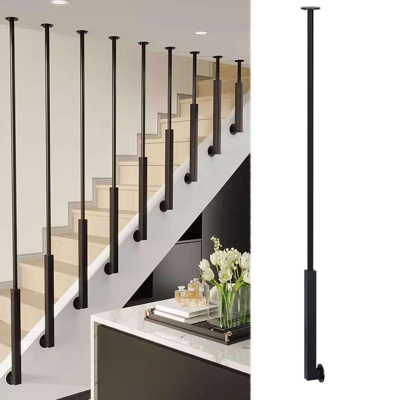 JOUFNING Wall Handrail - Industrial Pipe Balusters Pot, Metal Iron Handrails for Indoor Steps, Safety Grab Rail Support, for Loft Porch Corridor Villa(Black,4.6ft/140cm)